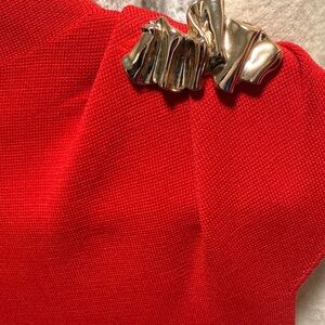Zara Asymmetrical Knit Top with Gold Brooch